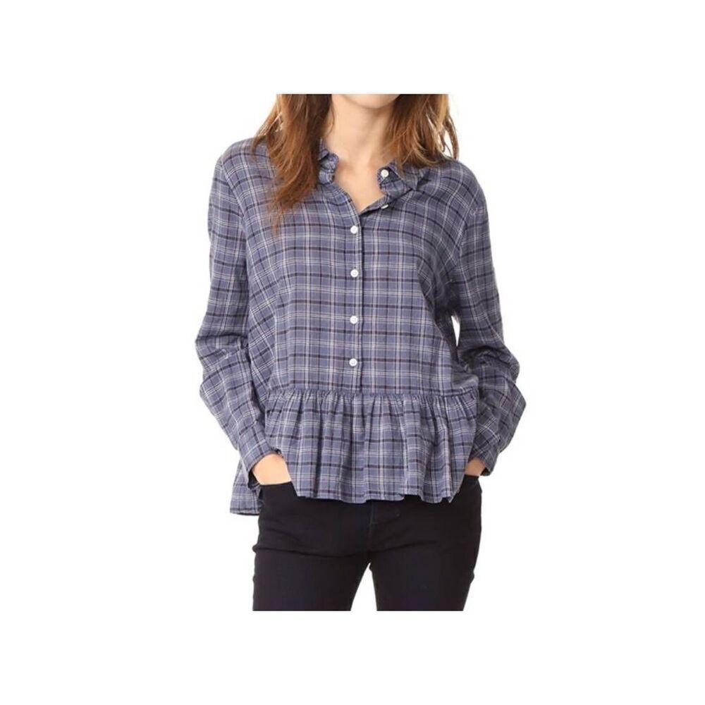THE GREAT. The Ruffle Oxford Shirt - Library Plaid sz 0 (XS)